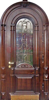 Арочная металлическая дверь массив со стеклом и ковкой ДА-50 в Мытищах