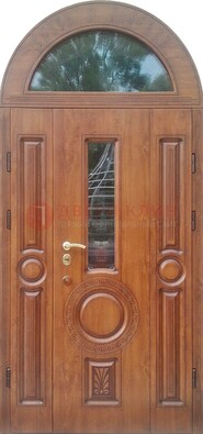 Двустворчатая железная дверь МДФ со стеклом в форме арки ДА-52 в Мытищах