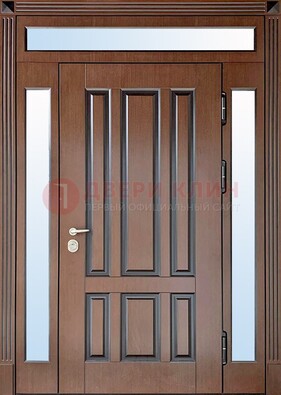 Железная дверь со стеклом и фрамугами в коричневом цвете ДФГ-8 в Мытищах