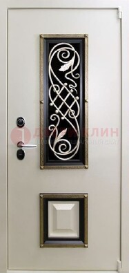 Белая стальная дверь с ковкой со стеклопакетом и МДФ ДК-30 в Мытищах