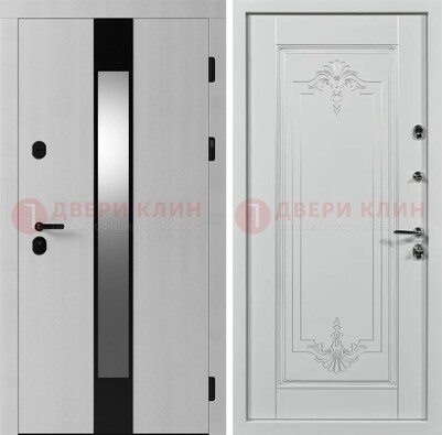 Белая металлическая дверь МДФ с зеркальной вставкой ДМ-324 в Мытищах