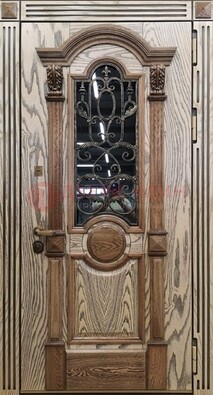 Железная дверь с массивом дуба со стеклом и ковкой ДМД-47 в Мытищах
