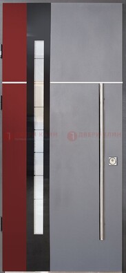 Серая входная дверь с порошковым окрасом и красной вставкой ДП-175 в Мытищах