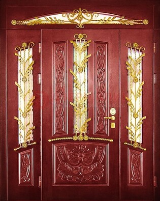 Бордовая железная парадная дверь со стеклом и ковкой ДПР-75 в Мытищах