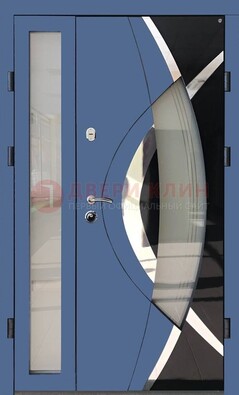 Синяя металлическая дверь со стеклом и узором ДС-13 в Мытищах