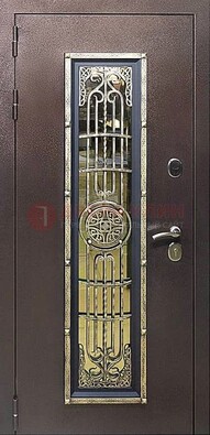 Железная дверь цвета медный антик со стеклом и ковкой ДСК-105 в Мытищах