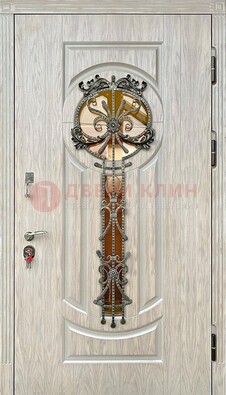 Светлая железная дверь со стеклом ковкой для коттеджа ДСК-134 в Мытищах