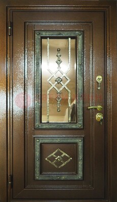 Теплая входная дверь со стеклом и ковкой разноцветной ДСК-13 в Мытищах