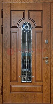 Коричневая стальная дверь со стеклом и ковкой для кирпичного дома ДСК-146 в Ростове-На-Дону