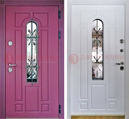 Розовая металлическая дверь со стеклом и ковкой ДСК-151 в Мытищах
