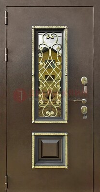 Входная дверь порошок со стеклом и ковкой для коттеджа ДСК-166 в Мытищах