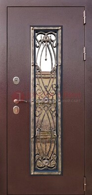 Коричневая стальная дверь порошок со стеклом и ковкой для дома ДСК-169 в Мытищах