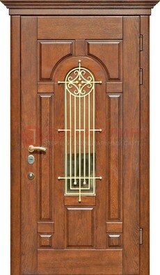 Коричневая железная дверь винорит со стеклом и ковкой ДСК-189 в Мытищах