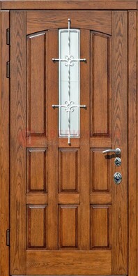 Стальная дверь со стеклом и ковкой для частного дома ДСК-192 в Мытищах