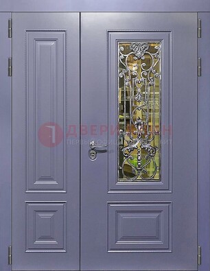 Сиреневая стальная дверь со стеклом и ковкой ДСК-199 в Мытищах