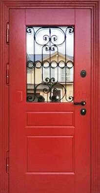 Красная железная дверь Винорит со стеклом и ковкой ДСК-205 в Мытищах