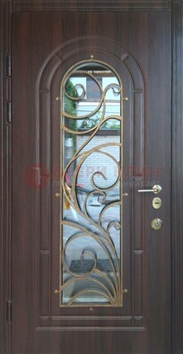 Железная дверь Винорит со стеклом и ковкой в темном цвете ДСК-216 в Можайске