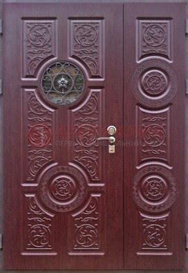 Красная железная дверь Винорит со стеклом и ковкой ДСК-235 в Мытищах