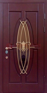 Бордовая стальная дверь Винорит со стеклом и ковкой ДСК-263 в Мытищах