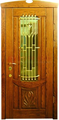 Наружная железная дверь со стеклом цветным и ковкой ДСК-62 в Мытищах