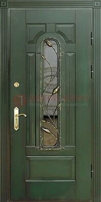 Железная дверь со стеклом и ковкой ДСК-9 для офиса в Мытищах