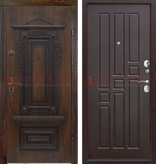 Железная коричневая уличная дверь с виноритом и МДФ Шоколад ДВТ-124
