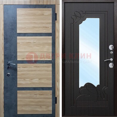 Светлая металлическая дверь c фрезерованной МДФ с зеркалом ДЗ-103 в Мытищах