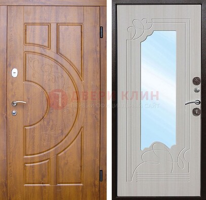 Коричневая металлическая дверь c МДФ с узором и зеркалом ДЗ-105 в Мытищах