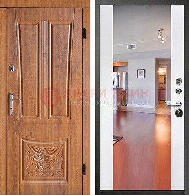 Входная коричневая дверь терморазрыв c виноритом и белая МДФ c зеркалом ДЗ-123 в Мытищах