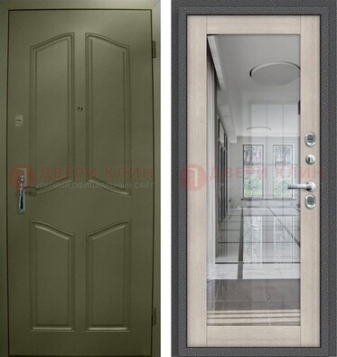 Зеленая стальная дверь с МДФ панелями и зеркалом ДЗ-137 в Мытищах