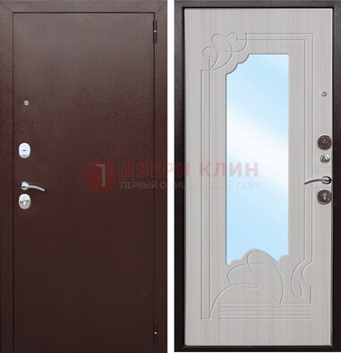 Коричневая металлическая дверь с зеркалом МДФ внутри ДЗ-33 в Мытищах