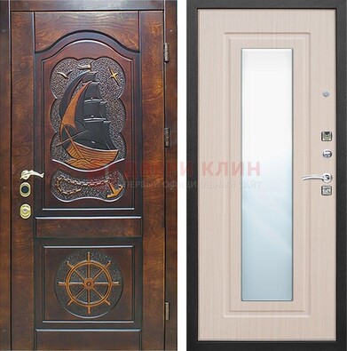 Темная уличная дверь с резьбой и зеркалом внутри ДЗ-49 в Мытищах