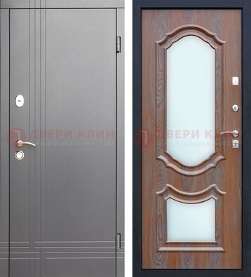 Серая входная дверь со светлой МДФ и зеркалами внутри ДЗ-77 в Мытищах