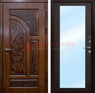 Коричневая входная дверь c узором и виноритом МДФ с зеркалом ДЗ-98 в Мытищах