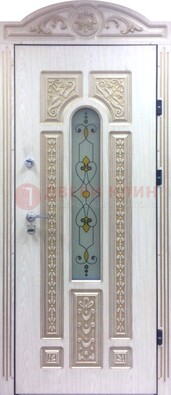 Белая железная дверь с МДФ и витражом ВЖ-26 в Мытищах